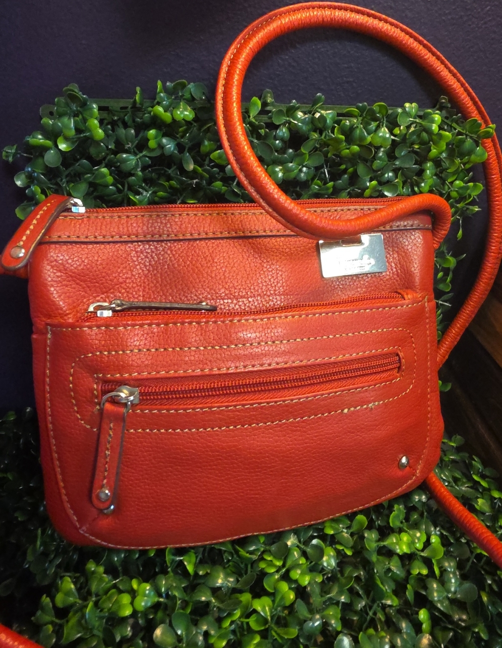 Tignanello Red Pebbled Leather Crossbody with Front Zip Pockets
